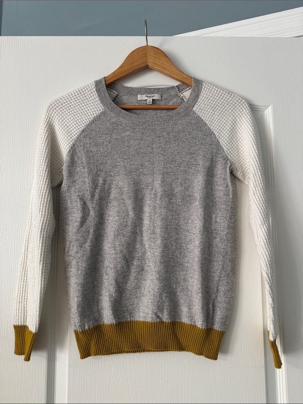 Madewell Crewneck Raglan Gray Sweater  with White Sleeves and Mustard Trim XS
